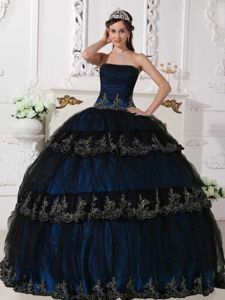 Appliques for Blue Strapless Taffeta Tulle Quinceanera Dresses in Courtland