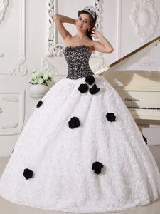 Sequins and Flowers Accent White and Black Strapless Dress For Quince