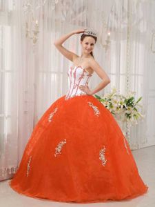 White and Orange Red Sweetheart Appliques Sweet Sixteen Dresses in Clay
