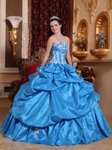 Baby Blue Strapless Taffeta Appliques Accent Dress for Quince in Calera