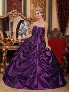 Strapless Taffeta Beading Accent for Quince Dresses in Eggplant Purple