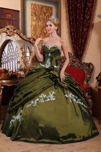 Olive Green Sweetheart Dress For Quince with Appliques and Pick-ups