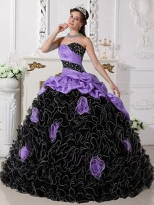 Lavender and Black Quinceaneras Dress with Beading and Rolling Flowers