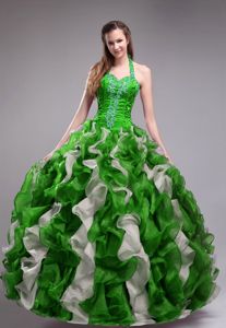 Green Organza Appliques and Ruffles Dress For Quinceanera Halter Design