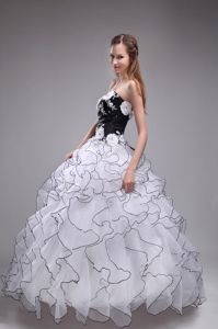 White Sweetheart Dress for Quince in Daphne with Appliques and Ruffles