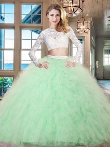 Apple Green Sweet 16 Dress Military Ball and Sweet 16 and Quinceanera and For with Beading and Lace and Ruffles Scoop Long Sleeves Zipper