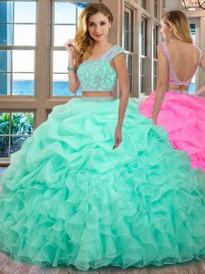 Glittering Scoop Apple Green Organza Backless Quinceanera Dresses Cap Sleeves Floor Length Beading and Ruffles