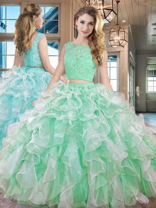 Lace and Ruffles 15 Quinceanera Dress Apple Green Lace Up Sleeveless Floor Length