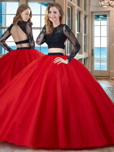 Dazzling Red Sweet 16 Dresses Military Ball and Sweet 16 and Quinceanera and For with Appliques Scoop Long Sleeves Backless
