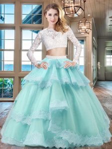 Decent Scoop Aqua Blue Zipper 15 Quinceanera Dress Beading and Lace and Ruffled Layers Long Sleeves Floor Length