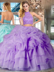 Admirable Lavender Halter Top Backless Beading and Ruffled Layers and Pick Ups Quince Ball Gowns Brush Train Sleeveless