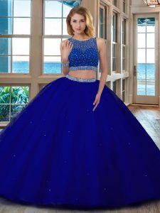 Scoop Royal Blue Two Pieces Beading Quinceanera Dress Backless Tulle Sleeveless Floor Length