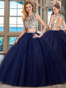 Stunning Scoop Navy Blue Backless Sweet 16 Dress Beading Cap Sleeves With Brush Train