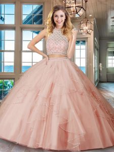 Halter Top Pink Tulle Backless 15th Birthday Dress Sleeveless Floor Length Beading and Ruffles