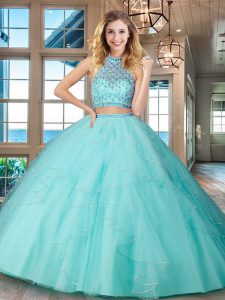 Halter Top Sleeveless Floor Length Beading and Ruffles Backless 15 Quinceanera Dress with Aqua Blue