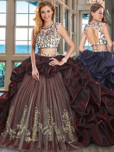 Modest Backless Scoop Cap Sleeves Quinceanera Dresses With Brush Train Beading and Embroidery and Pick Ups Burgundy Organza and Tulle