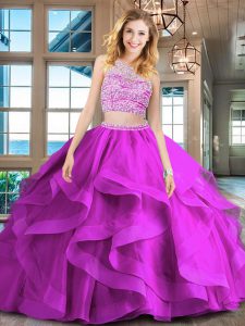 Scoop Fuchsia Sleeveless Tulle Brush Train Backless Quinceanera Gown for Military Ball and Sweet 16 and Quinceanera