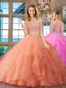 Wonderful Scoop Peach Backless Quinceanera Gowns Beading and Ruffles Sleeveless Floor Length