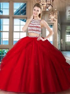 Modest Pick Ups Floor Length Red Vestidos de Quinceanera Scoop Sleeveless Backless