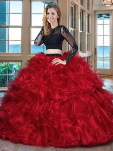 Custom Design Black and Red Scoop Neckline Ruffles Quinceanera Dress Long Sleeves Backless
