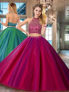 Custom Design Halter Top Fuchsia Sleeveless Tulle Brush Train Backless Ball Gown Prom Dress for Military Ball and Sweet 16 and Quinceanera