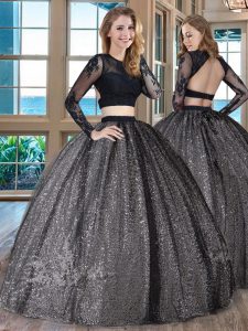 Floor Length Black Ball Gown Prom Dress Scoop Long Sleeves Backless