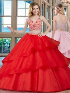 Red Organza Zipper Quince Ball Gowns Sleeveless With Brush Train Beading