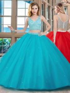Sophisticated With Train Aqua Blue Ball Gown Prom Dress V-neck Sleeveless Brush Train Zipper