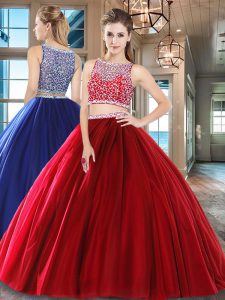 Wine Red Tulle Side Zipper Quince Ball Gowns Sleeveless Floor Length Beading