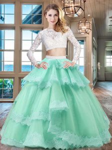 Scoop Apple Green Long Sleeves Floor Length Beading and Lace and Ruffled Layers Zipper Quinceanera Dress