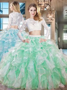Glittering Apple Green Organza Zipper Scoop Long Sleeves Floor Length Sweet 16 Quinceanera Dress Beading and Lace and Ruffles