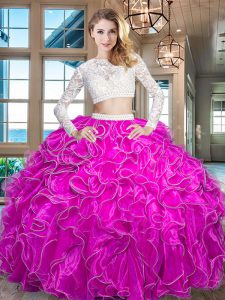 Superior Scoop Long Sleeves Organza Floor Length Zipper 15 Quinceanera Dress in Fuchsia with Beading and Lace and Ruffles