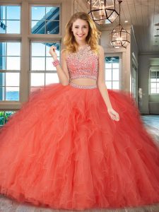 Pretty Backless Scoop Sleeveless Ball Gown Prom Dress Floor Length Beading and Ruffles Orange Red Tulle