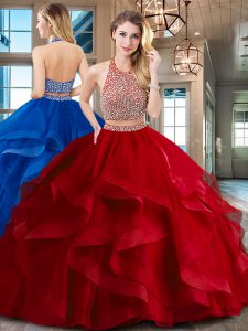 Halter Top Sleeveless Tulle With Brush Train Backless 15 Quinceanera Dress in Red with Beading and Ruffles