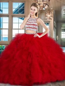 Sophisticated Scoop Red Backless Ball Gown Prom Dress Beading and Ruffles Sleeveless With Brush Train