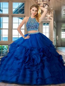 Trendy Scoop Royal Blue Organza Backless Quinceanera Dresses Sleeveless Floor Length Beading and Ruffles