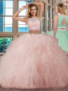 Pink Sweet 16 Quinceanera Dress Military Ball and Sweet 16 and Quinceanera and For with Beading and Ruffles Scoop Sleeveless Backless