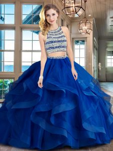 Customized Scoop With Train Backless Quince Ball Gowns Royal Blue for Military Ball and Sweet 16 and Quinceanera with Beading and Ruffles Brush Train