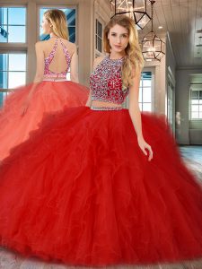 Sophisticated Tulle Scoop Sleeveless Backless Beading and Ruffles Ball Gown Prom Dress in Red