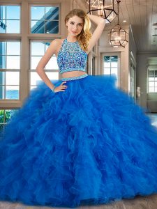 Flirting Scoop Floor Length Backless Quince Ball Gowns Blue for Military Ball and Sweet 16 and Quinceanera with Beading and Ruffles
