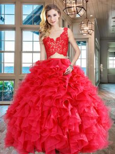 Red Organza Zipper Sweet 16 Dresses Sleeveless Floor Length Lace and Ruffles