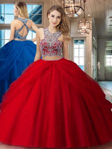 Elegant Tulle Scoop Sleeveless Criss Cross Beading and Pick Ups 15th Birthday Dress in Red
