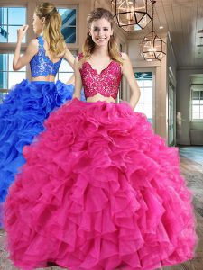 Inexpensive Hot Pink 15 Quinceanera Dress Military Ball and Sweet 16 and Quinceanera and For with Lace and Ruffles V-neck Sleeveless Zipper