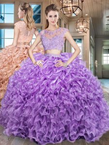 Superior Purple Zipper Scoop Beading and Appliques and Ruffles 15th Birthday Dress Organza Cap Sleeves