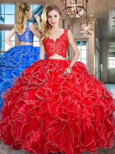 Red V-neck Neckline Lace and Ruffles Ball Gown Prom Dress Sleeveless Zipper