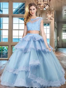 Extravagant Scoop Beading and Lace and Appliques and Ruffled Layers Quince Ball Gowns Light Blue Zipper Cap Sleeves Floor Length