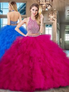 Fuchsia Halter Top Backless Beading and Ruffles Quince Ball Gowns Brush Train Sleeveless