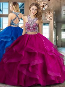 Discount Scoop Fuchsia Criss Cross Quinceanera Gowns Beading and Ruffles Sleeveless With Brush Train
