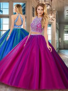 Deluxe Fuchsia Two Pieces Tulle Scoop Sleeveless Beading Floor Length Backless Quinceanera Dress