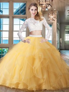 Gold Two Pieces Organza Scoop Long Sleeves Beading and Lace and Ruffles Zipper Sweet 16 Dress Brush Train